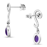 Swirling Ethnic Dangling Drop Stud Silver Earrings w/ Amethyst Stone - e166